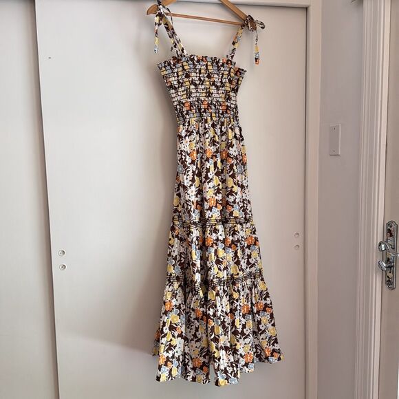 Tory Burch Reverie Smocked Shoulder Tie Brown Floral Print Summer Maxi Dress L - Picture 6 of 6